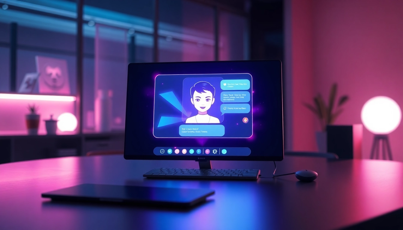 Futuristic AI chat interface with glowing holographic elements on a sleek workspace.