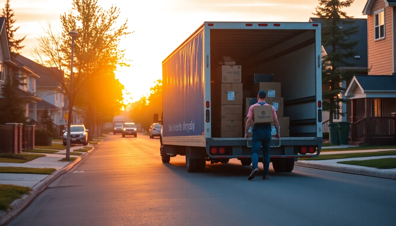 Calgary moving experts expertly loading a moving truck in a vibrant neighborhood, showcasing professional service and local expertise.