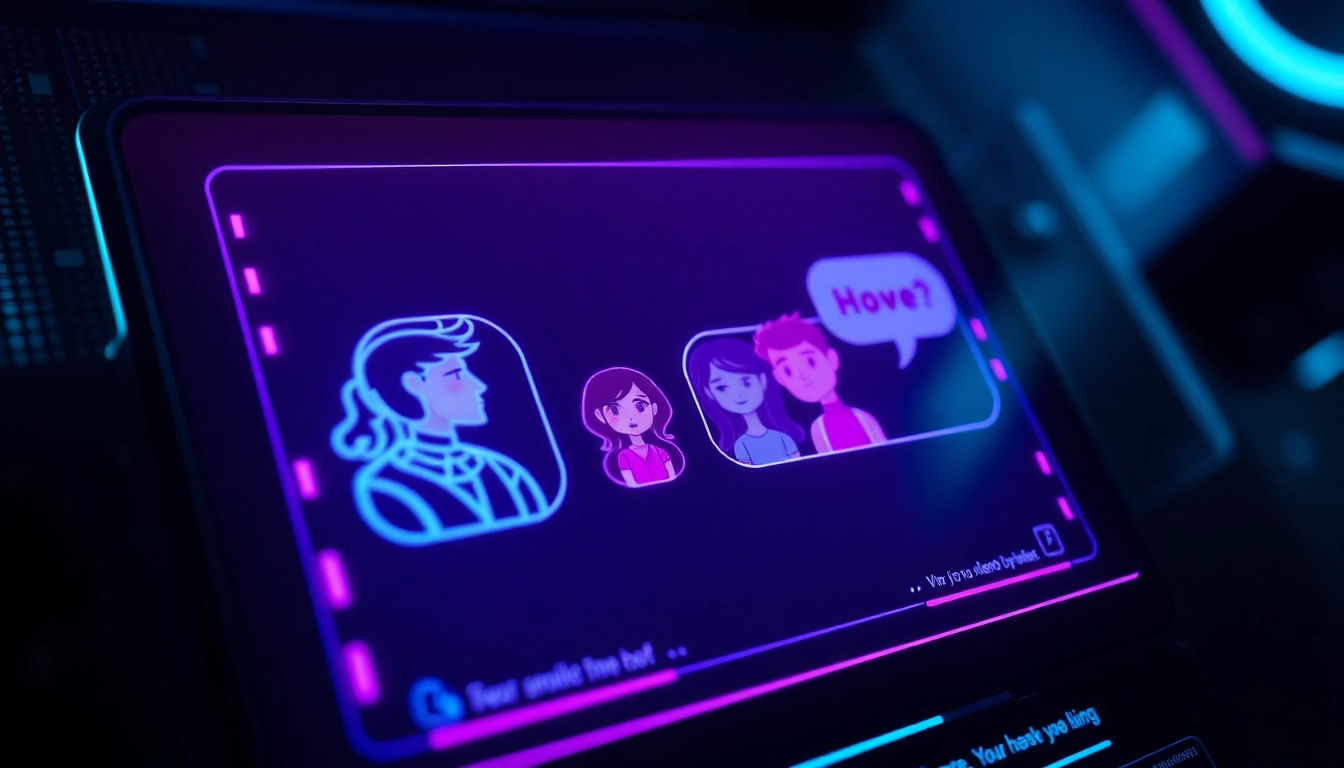 Futuristic digital interface showing animated adult AI characters in a neon-lit environment.