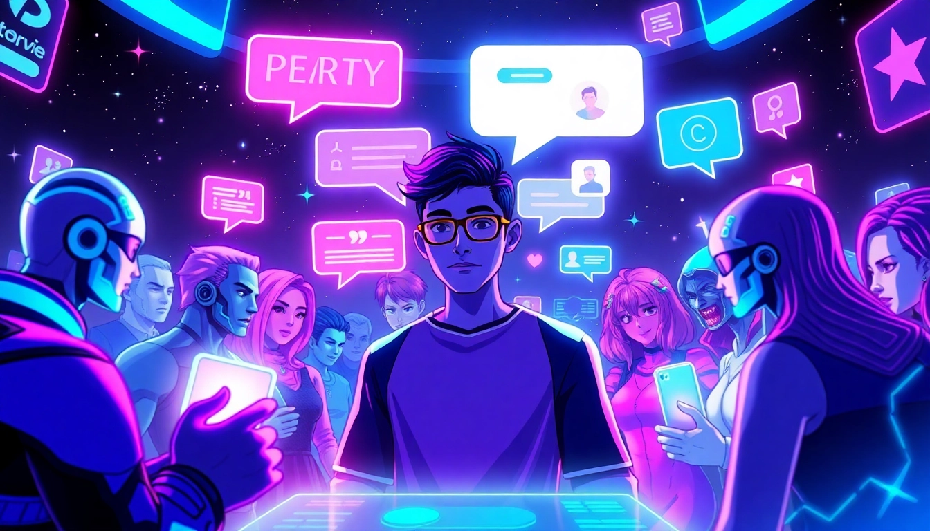 Digital artwork of a futuristic social media scene with AI characters and vibrant colors.
