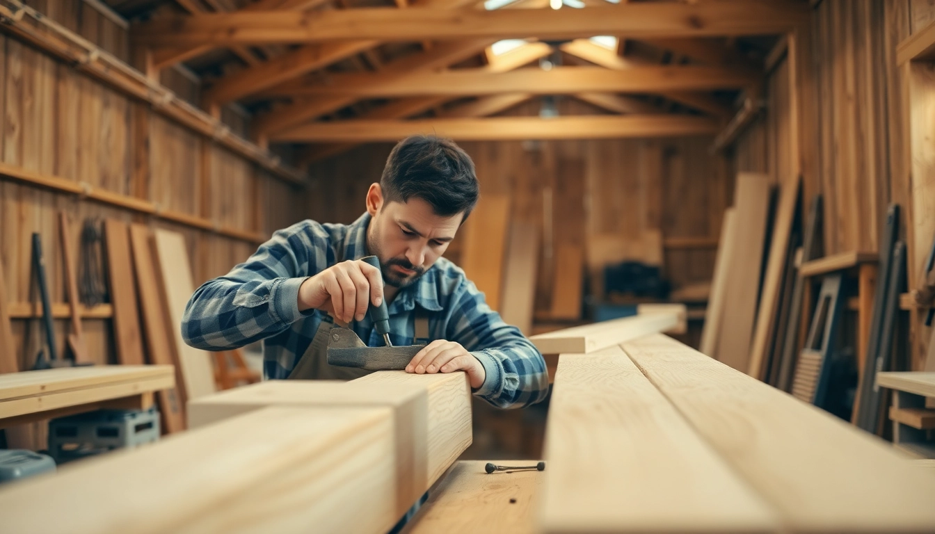 Professional carpenter performing precise carpentry work with tools in a modern workshop, highlighting craftsmanship and expertise.