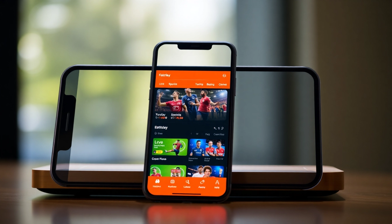 Fairplay app interface on a smartphone showcasing live sports betting and user login features, emphasizing accessibility and modern design.
