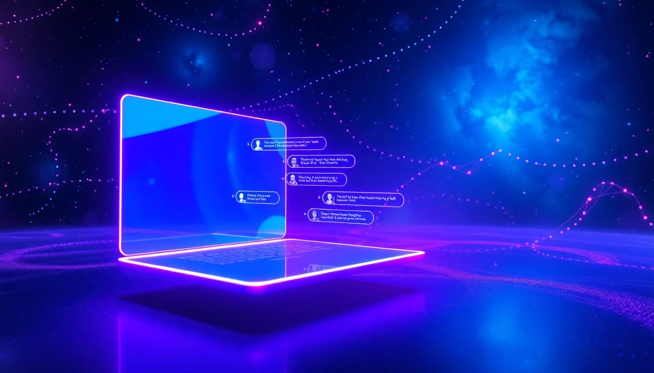 Futuristic space-themed digital interface with holographic AI chat scenes and cosmic background.