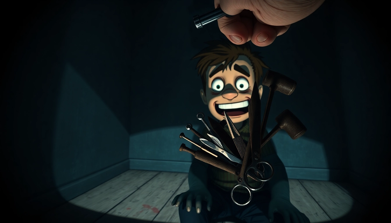 A disturbing scene of Harvey, a cheerful character, in a dark room, with a hand holding violent tools approaching him, evoking moral tension and psychological horror.