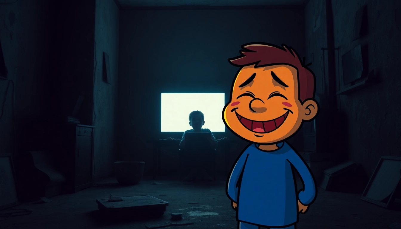 A disturbing scene of a man at a computer with Harvey, a cheerful character, smiling as shadows of suffering surround them in a dark room.
