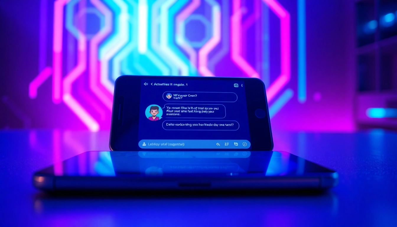 Futuristic chat interface with colorful AI characters on a sleek device screen, glowing neon background