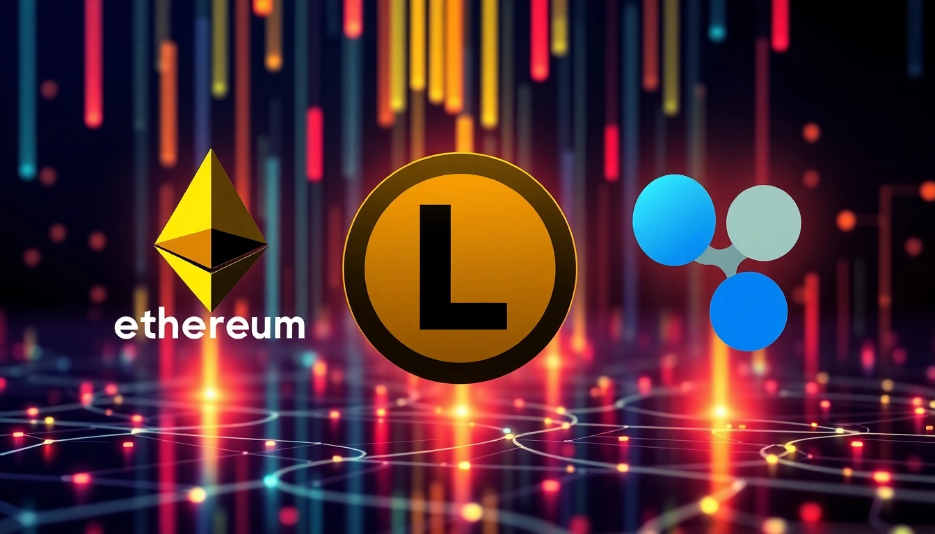 Bitcoin and altcoins icons in a digital blockchain background representing altcoins market