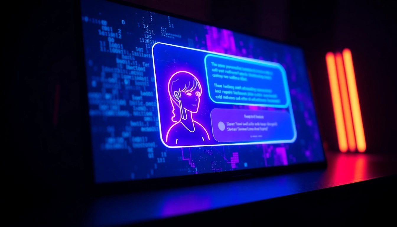 Futuristic AI chat interface with neon colors and digital textures on a high-tech screen