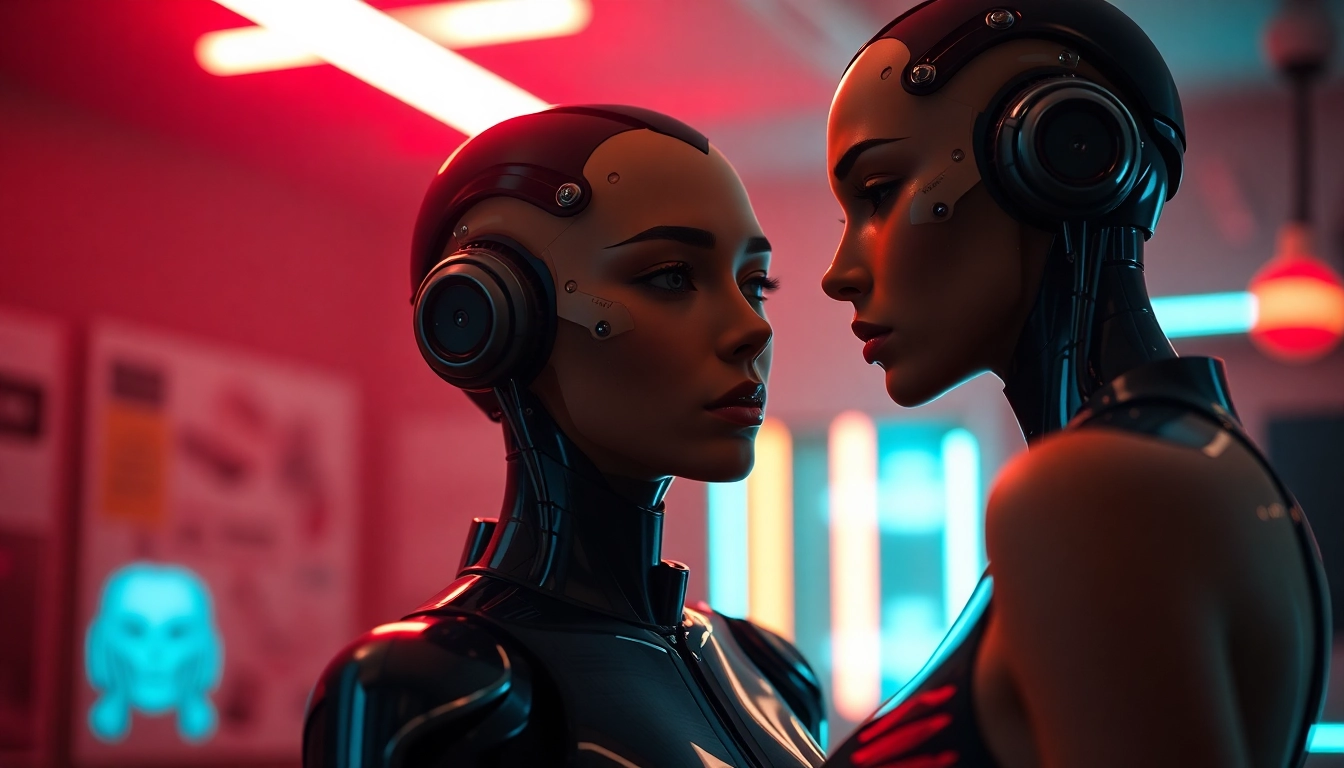 Dynamic NSFW Image Generator scene: neon-lit studio with an AI companion.