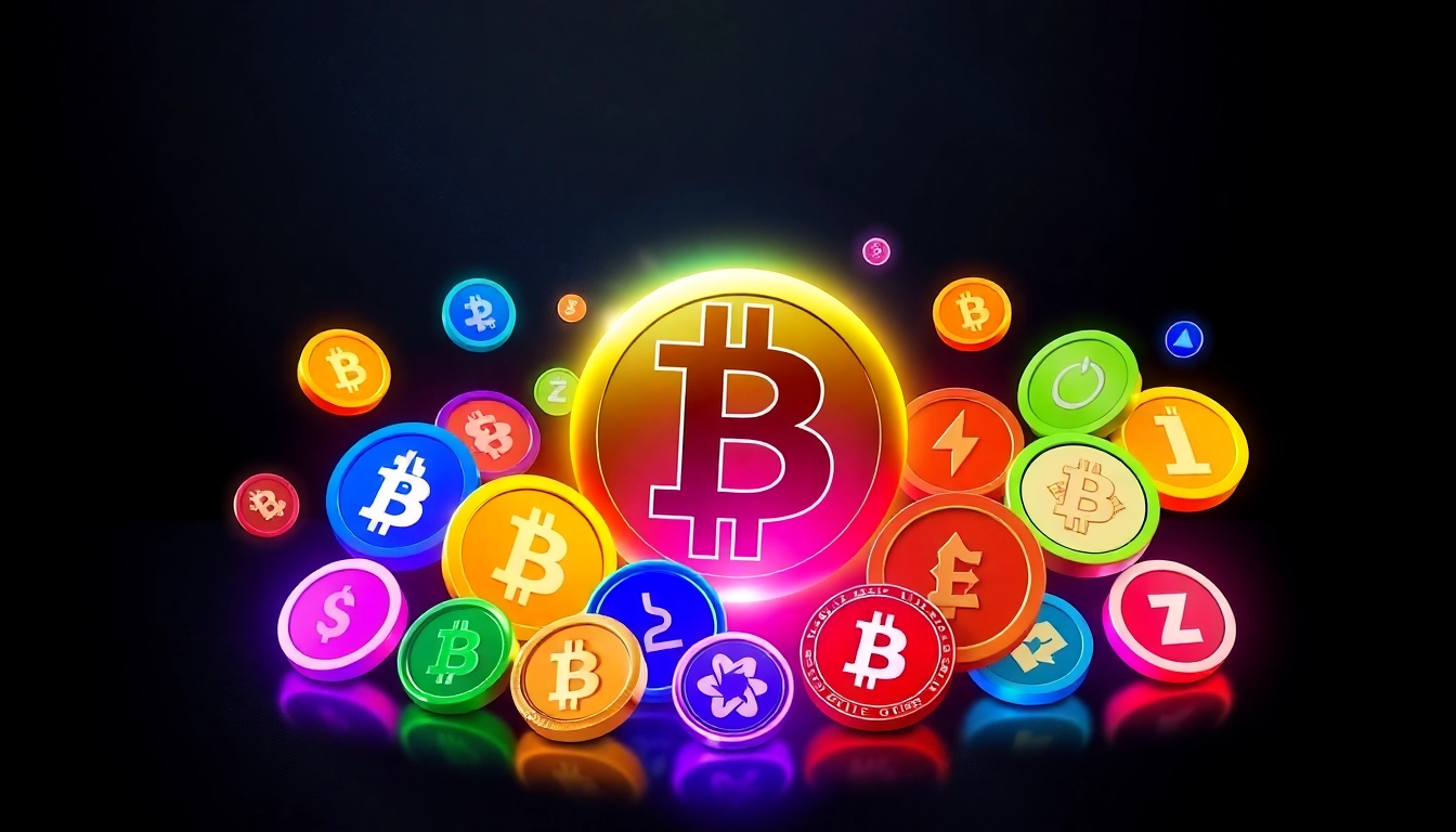 The image shows a colorful array of altcoins circling a central Bitcoin symbol, representing