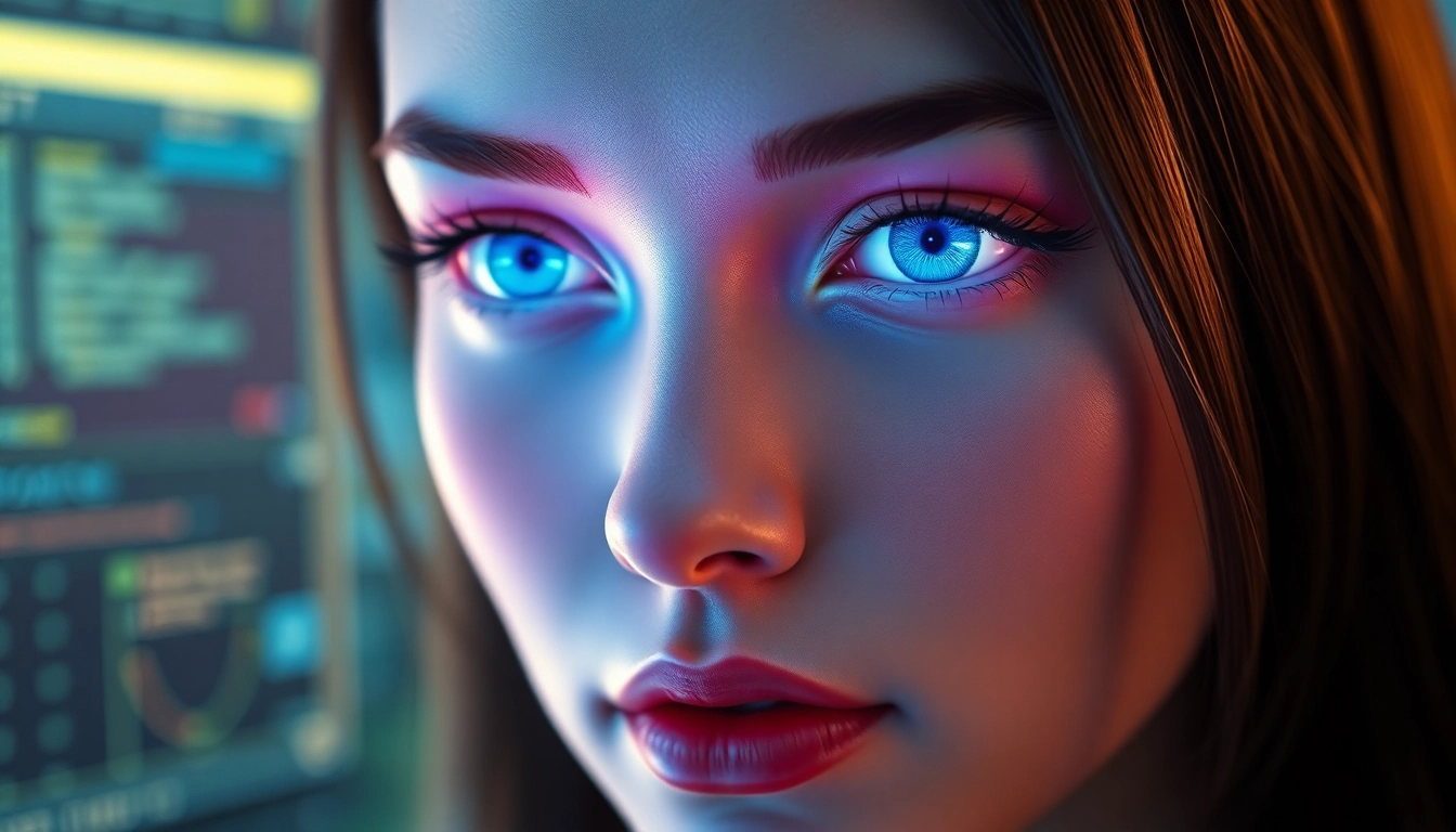 A detailed AI girlfriend illustration featuring a realistic digital woman with glowing eyes and futuristic backdrop, highlighting companionship.
