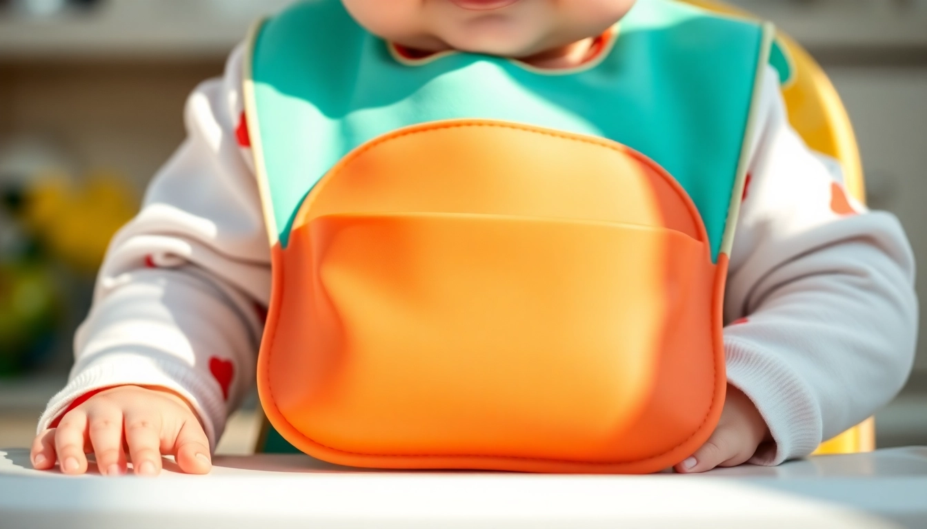 Child wearing a silicone bib with pocket for kids, demonstrating ease and safety in feeding,