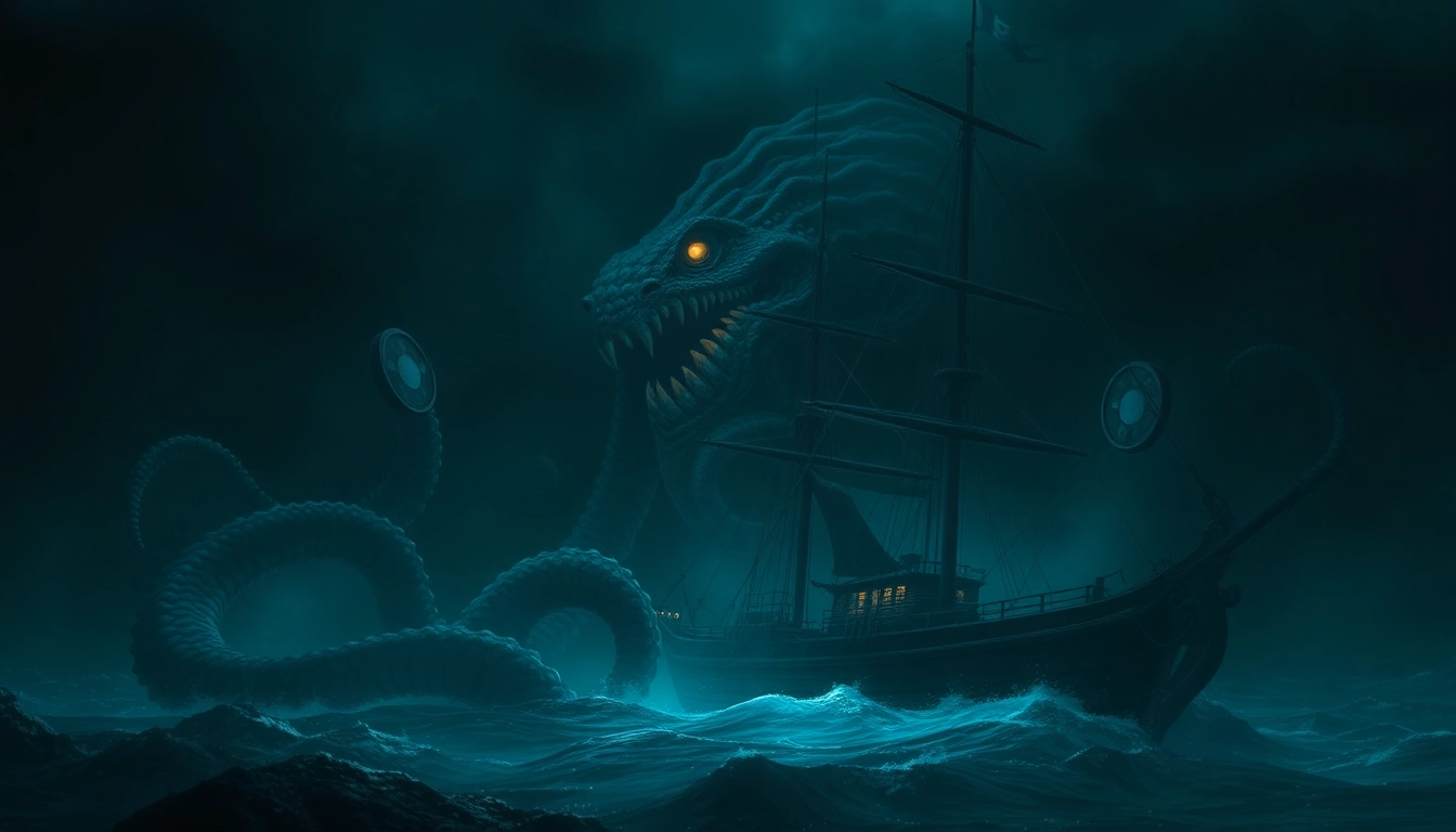 The kraken attacking an old ship with glowing eyes and sprawling tentacles in dark ocean depths