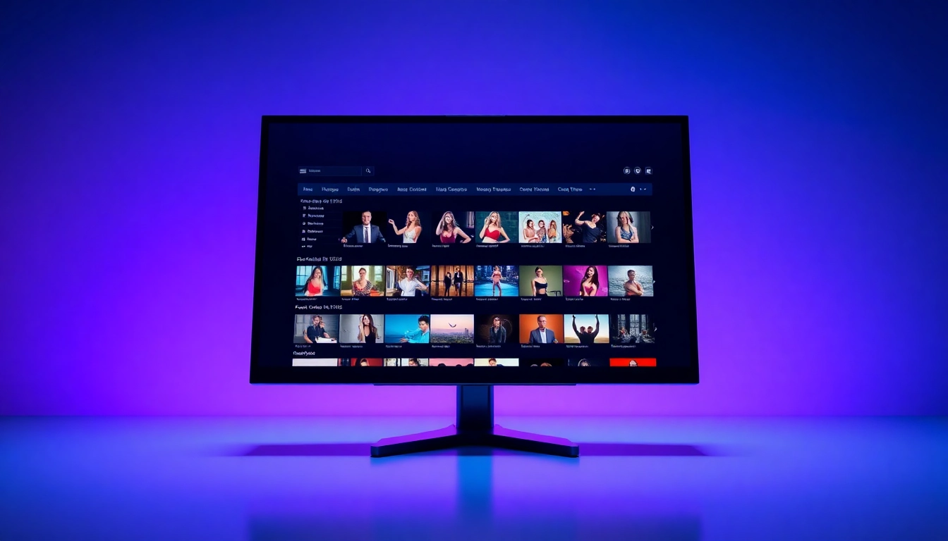 Computer screen displaying adult video thumbnails on a modern website interface with vibrant colors and ambient lighting.