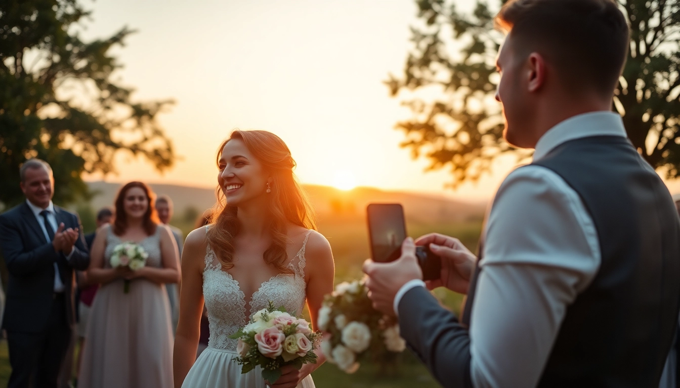 Professional photographer capturing lively moments during eskuvo fotozas at sunset with natural