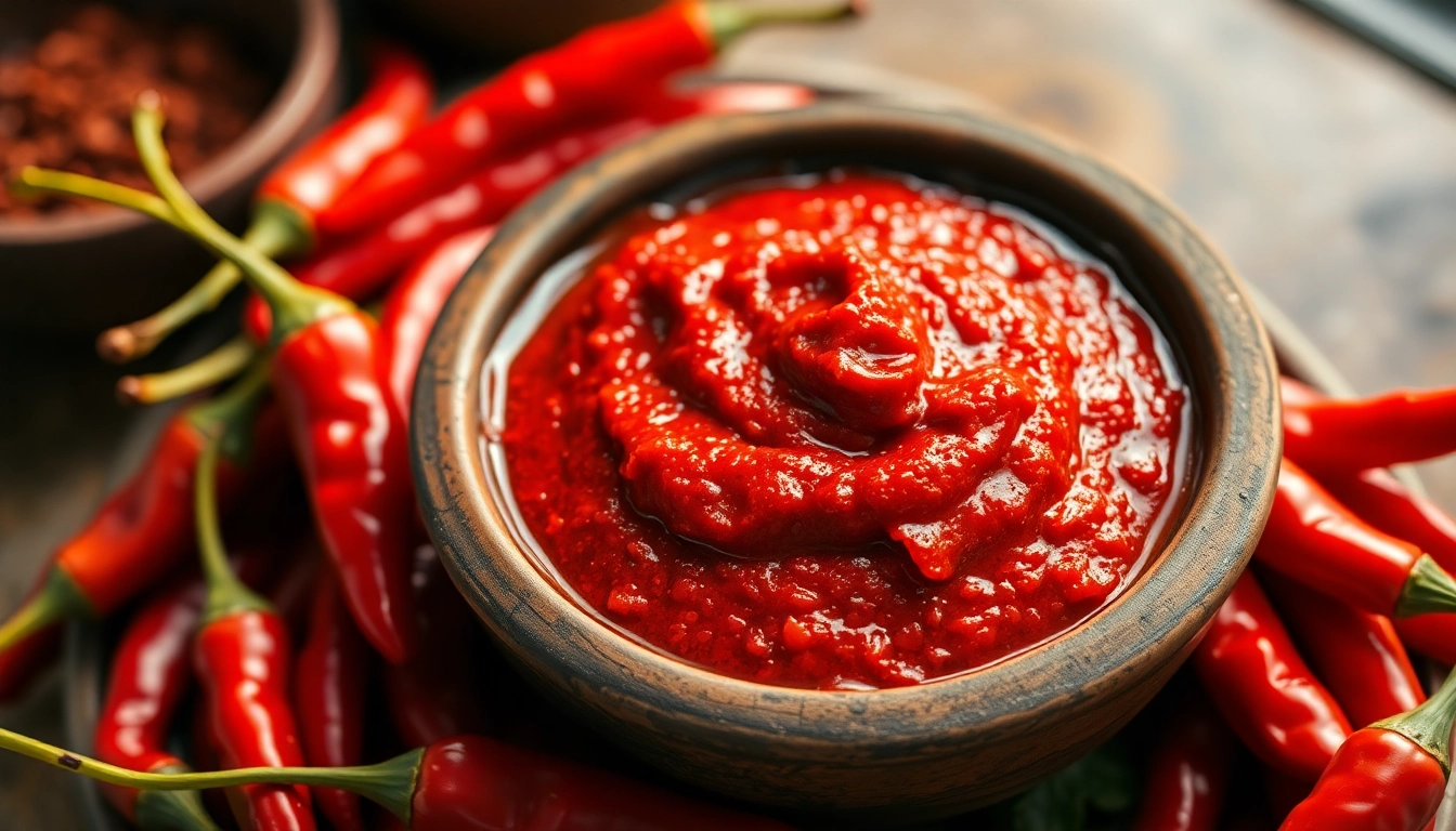 High-quality red chilli paste in a bowl with fresh chilies for authentic flavor enhancement
